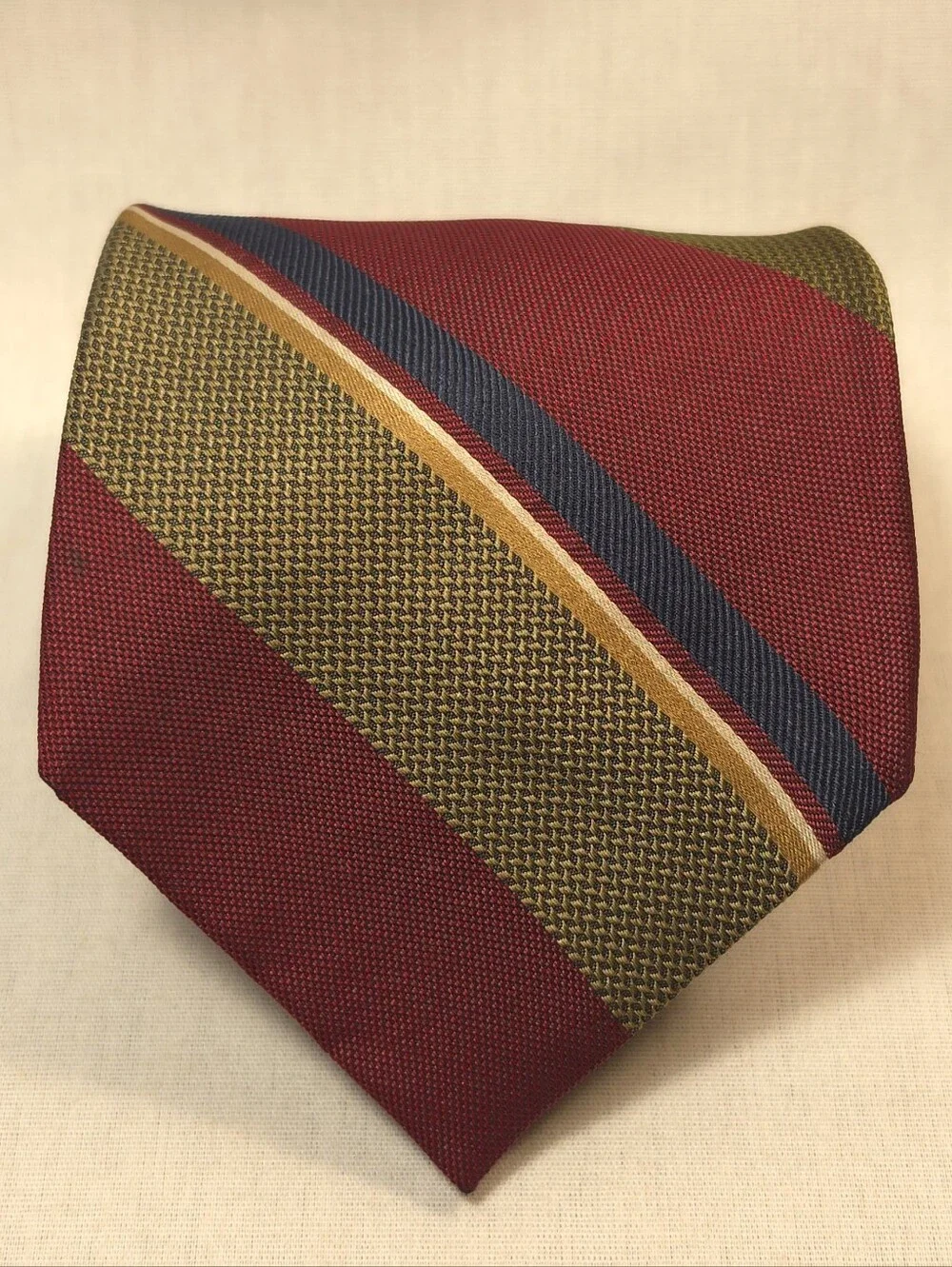 Mario Valentino Red and Olive Striped Silk Necktie with Navy and Gold Accents